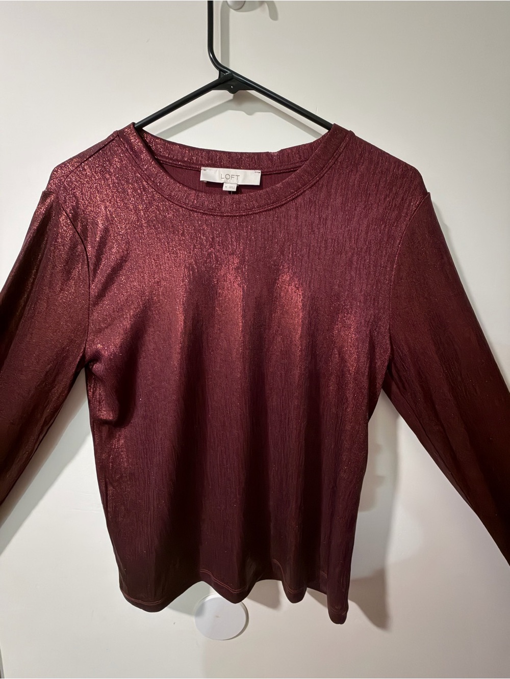 LOFT Metallic Burgundy Long Sleeve Crewneck Top